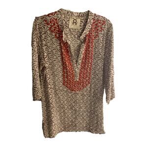 FIGUE 3/4 Sleeve Brown Leaf and Orange Beaded tunic top flaw large